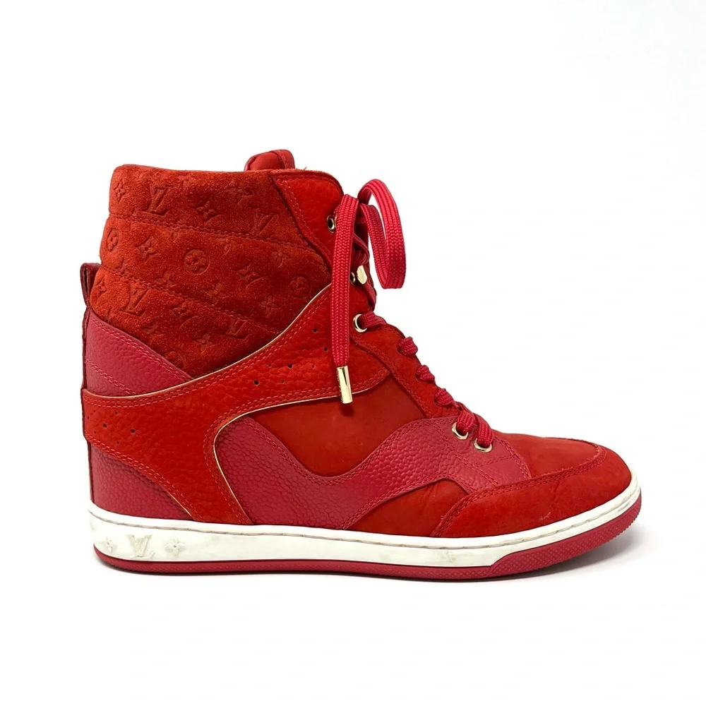 Louis Vuitton LV Logo Monogram High Top Suede Wedge Sneakers Shoes Red 37.5 7.5